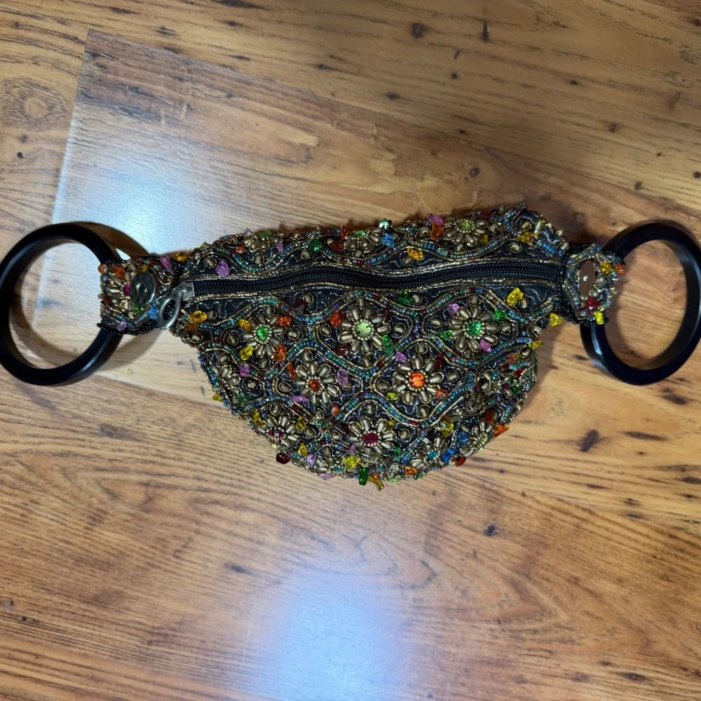 Bamboo Trading Company Beaded Ring Handle Evening Bag Multicolor Floral Mosaic